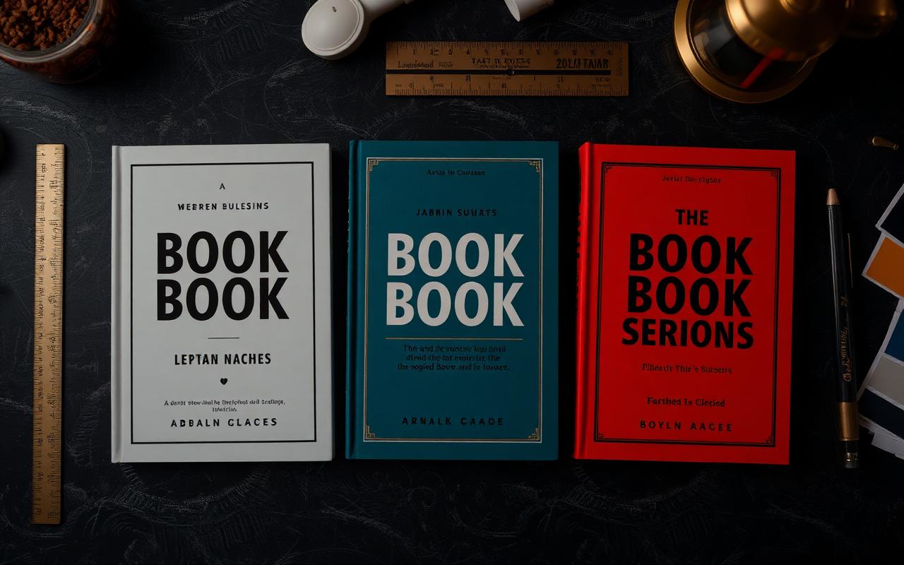 Três variações de capa de livro lado a lado sobre mesa de design com régua, lápis e amostras de cor.