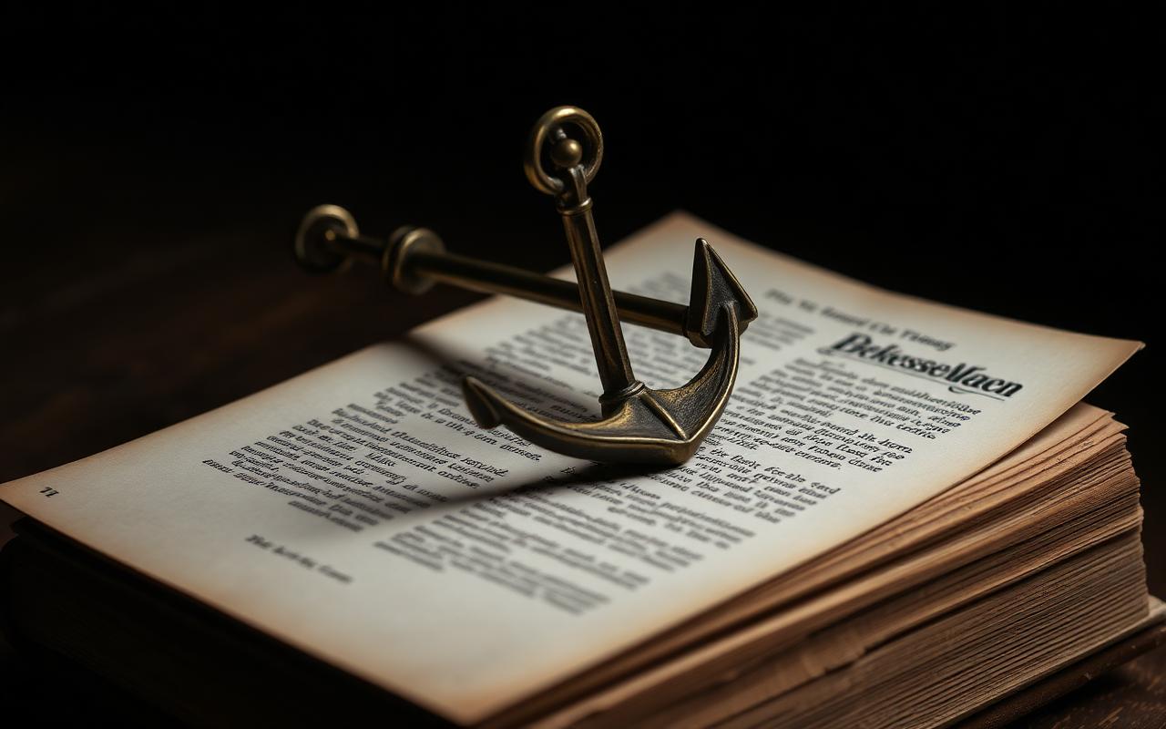 Pequena âncora de bronze repousada sobre pilha de páginas de manuscrito impresso — metáfora da consistência de estilo.