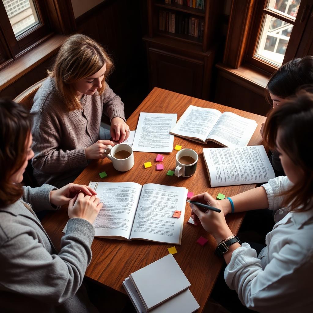 Pequeno grupo de leitores em volta de mesa de madeira revisando páginas impressas de manuscrito com notas manuscritas e marcadores coloridos.