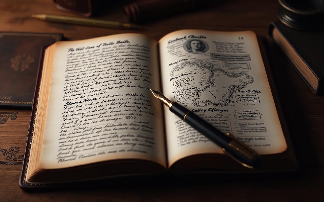 Caderno de couro aberto com anotações manuscritas de personagens, mapas e diagramas de um mundo ficcional, ao lado de uma caneta tinteiro.
