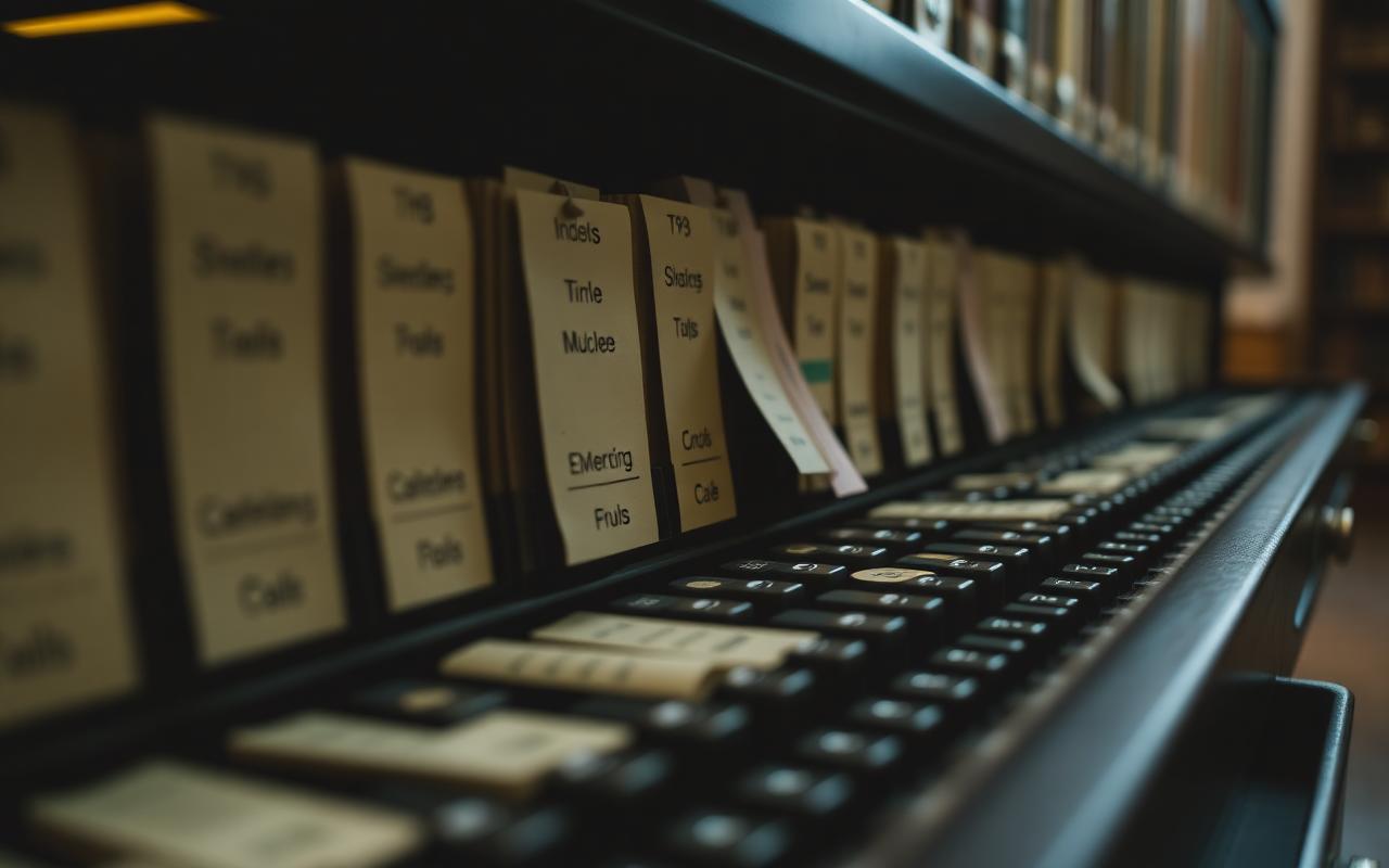 Gaveta de catálogo de biblioteca com fichas de categoria e etiquetas — referência visual a metadata e taxonomia BISAC.