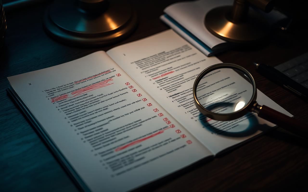 Provas de manuscrito com correções em caneta vermelha e checkmarks, com lupa pousada sobre as páginas.